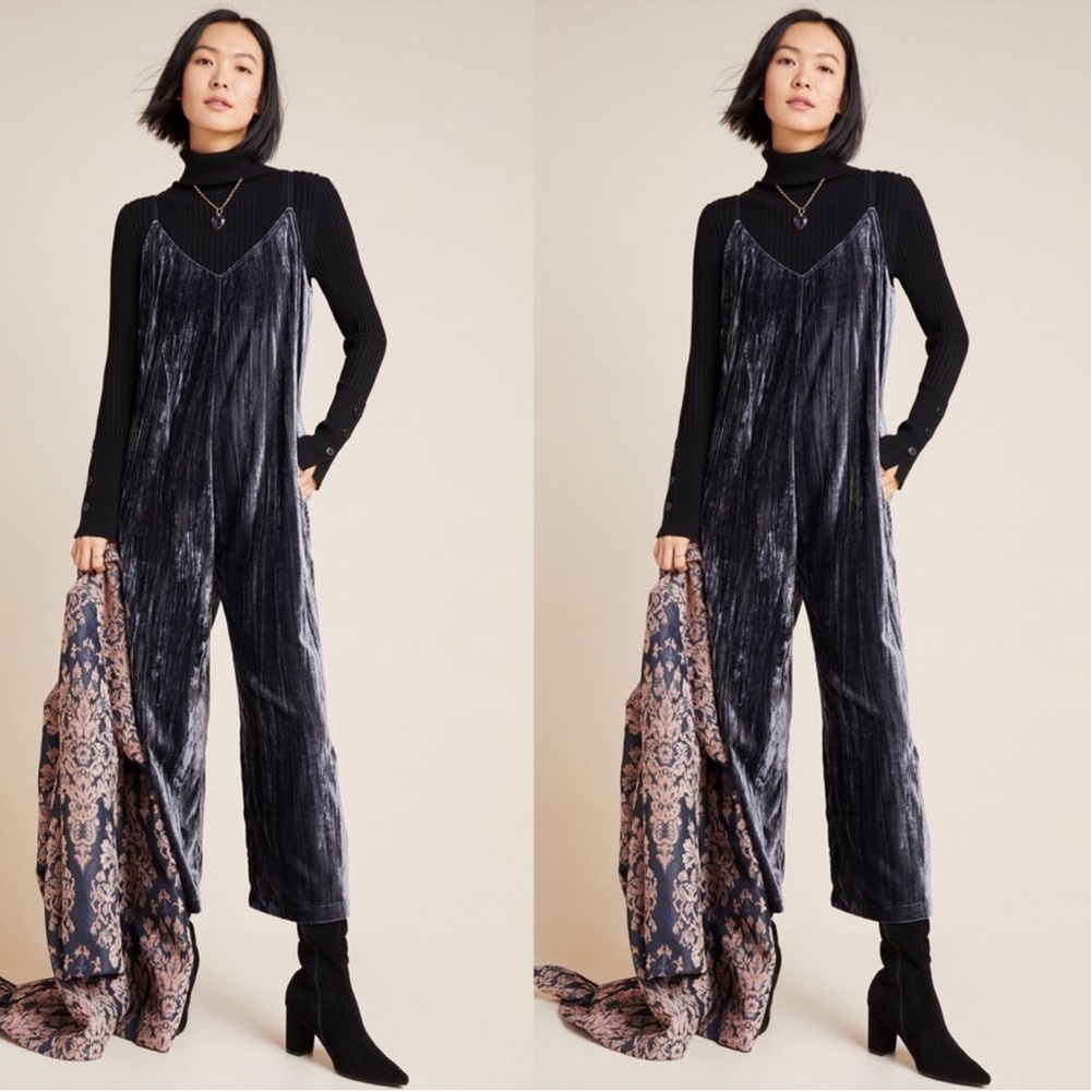 Anthropologie Charcoal Plum Velvet Jumpsuit